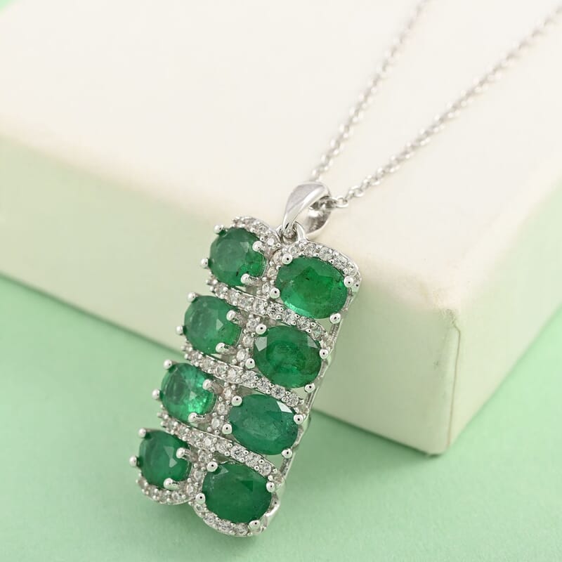 AAA Kagem Emerald and White Zircon Pendant Necklace 18 Inches in Rhodium Over Sterling Silver 3.10 ctw