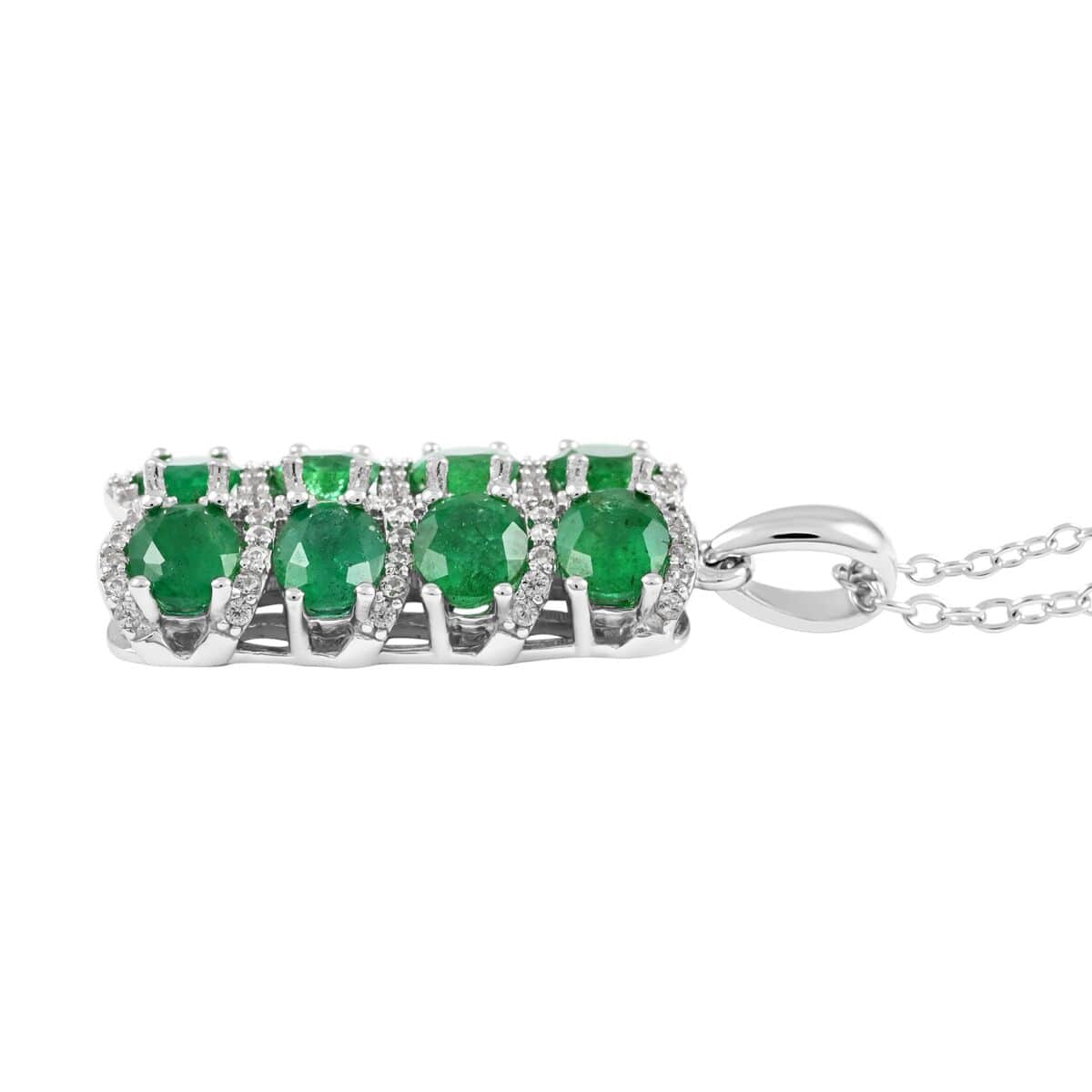 AAA Kagem Emerald and White Zircon Pendant Necklace 18 Inches in Rhodium Over Sterling Silver 3.10 ctw image number 3