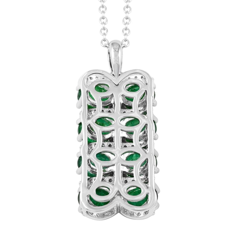 AAA Kagem Emerald and White Zircon Pendant Necklace 18 Inches in Rhodium Over Sterling Silver 3.10 ctw