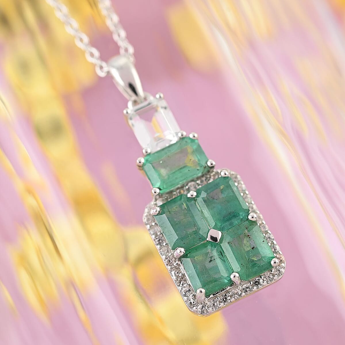 AAA Kagem Emerald and Multi Gemstone Pendant Necklace 18 Inches in Rhodium Over Sterling Silver 3.10 ctw image number 1