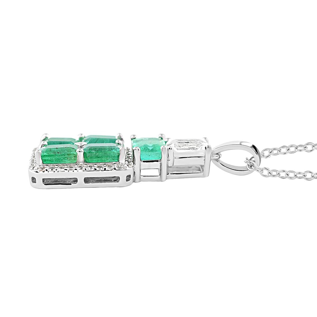 AAA Kagem Emerald and Multi Gemstone Pendant Necklace 18 Inches in Rhodium Over Sterling Silver 3.10 ctw image number 3