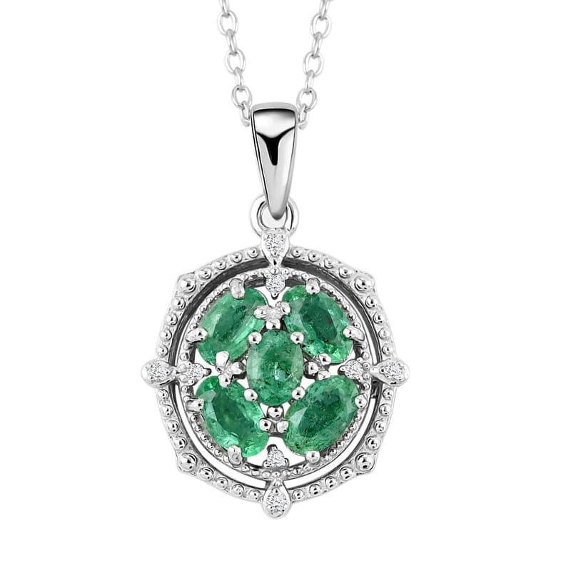 AAA Kagem Emerald and White Zircon Pendant Necklace 18 Inches in Rhodium Over Sterling Silver 1.10 ctw