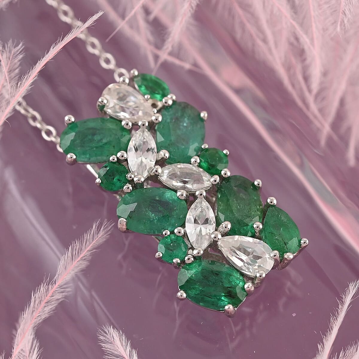 AAA Kagem Emerald and White Zircon Pendant Necklace 18 Inches in Rhodium Over Sterling Silver 3.85 ctw image number 1
