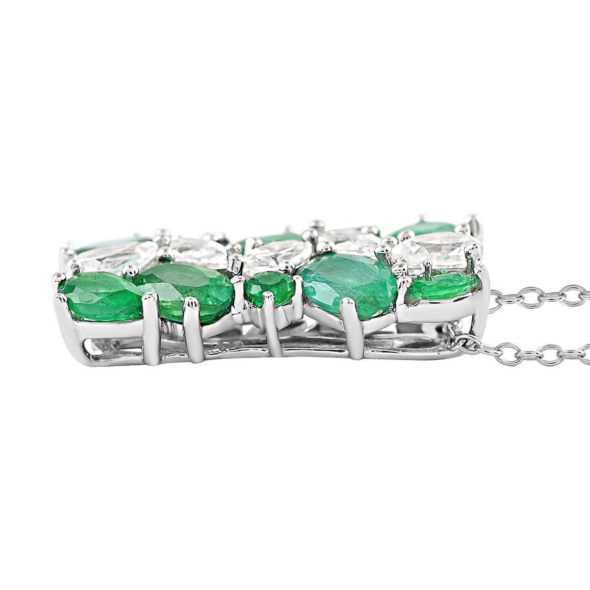 AAA Kagem Emerald and White Zircon Pendant Necklace 18 Inches in Rhodium Over Sterling Silver 3.85 ctw image number 3