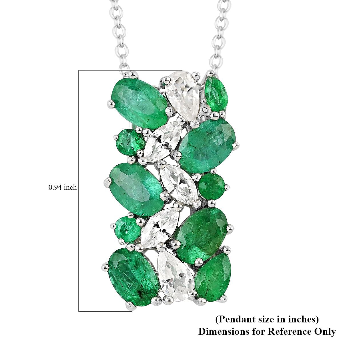 AAA Kagem Emerald and White Zircon Pendant Necklace 18 Inches in Rhodium Over Sterling Silver 3.85 ctw