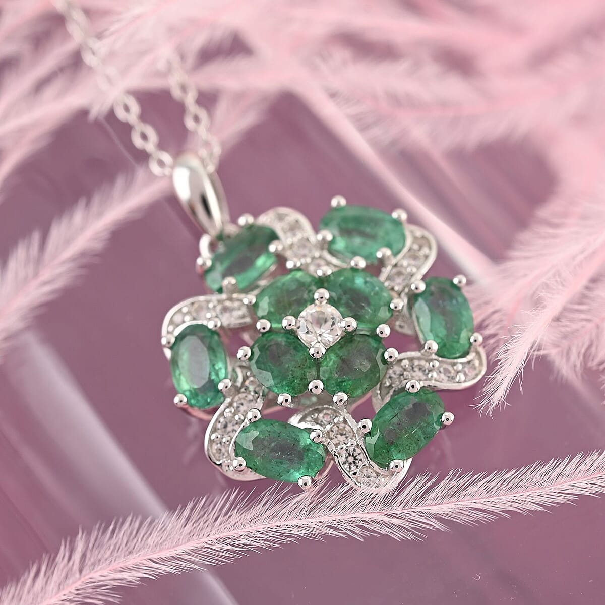 AAA Kagem Emerald and White Zircon Pendant Necklace 18 Inches in Rhodium Over Sterling Silver 2.30 ctw image number 1
