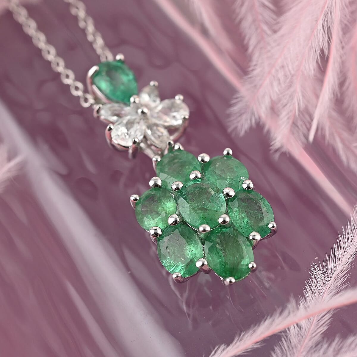 AAA Kagem Emerald and White Zircon Pendant Necklace 18 Inches in Rhodium Over Sterling Silver 3.50 ctw image number 1