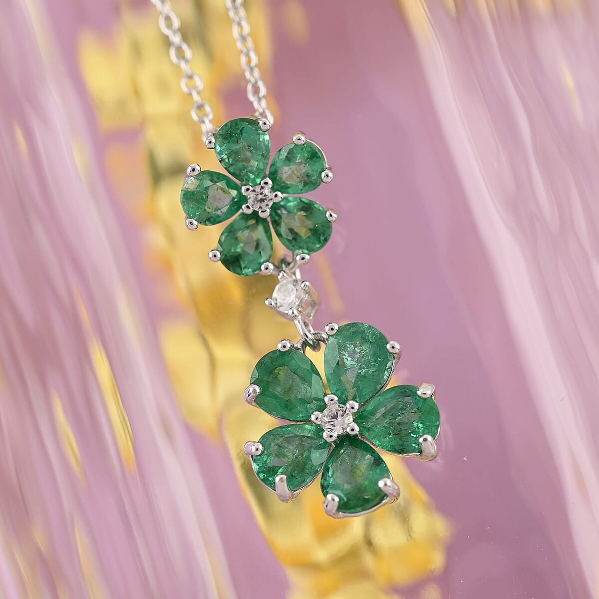 AAA Kagem Emerald and White Zircon Pendant Necklace 18 Inches in Rhodium Over Sterling Silver 2.15 ctw image number 1