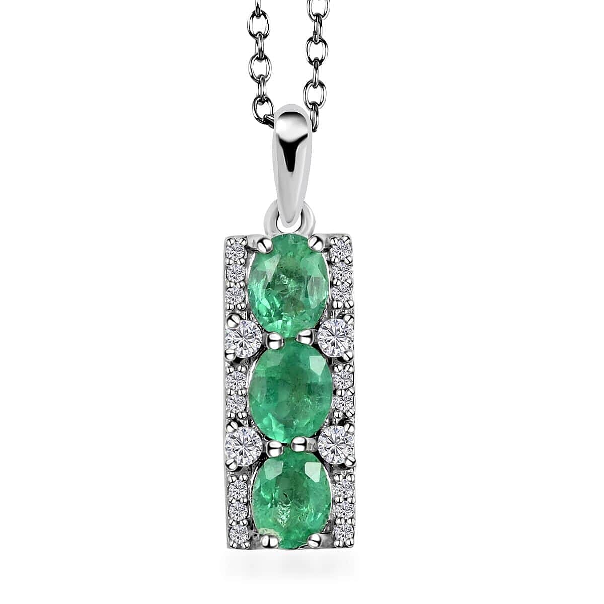 AAA Kagem Emerald and White Zircon Pendant Necklace 18 Inches in Rhodium Over Sterling Silver 1.25 ctw