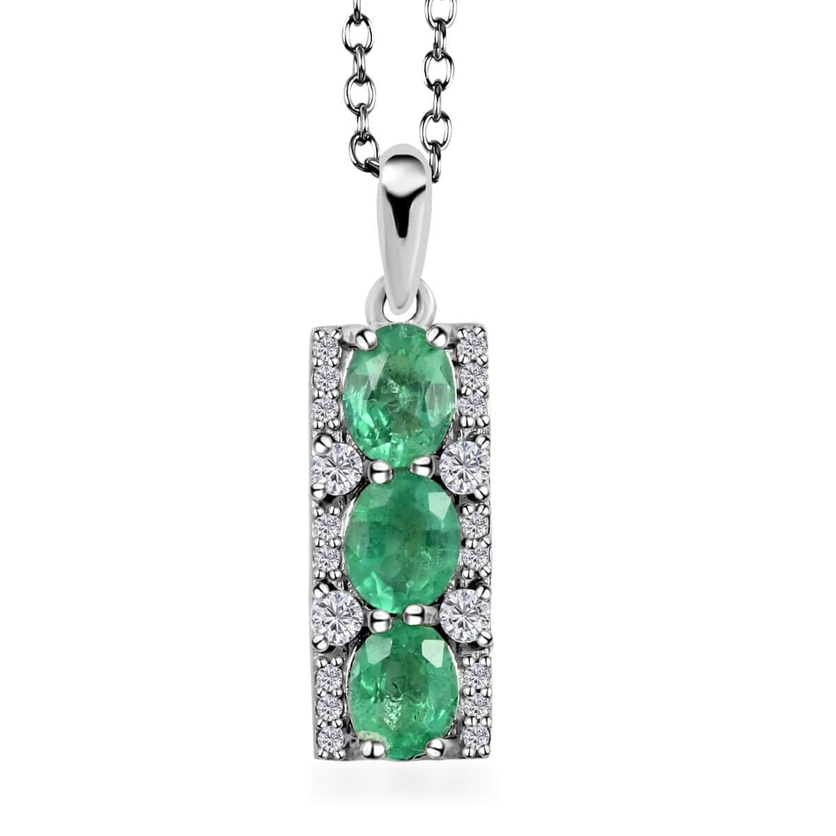 AAA Kagem Emerald and White Zircon Pendant Necklace 18 Inches in Rhodium Over Sterling Silver 1.25 ctw image number 0