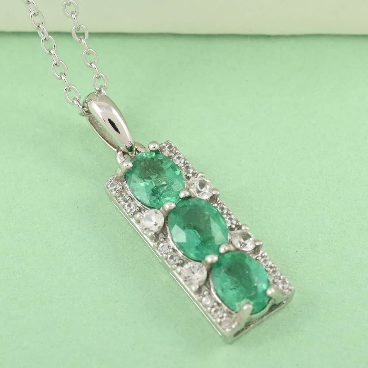 AAA Kagem Emerald and White Zircon Pendant Necklace 18 Inches in Rhodium Over Sterling Silver 1.25 ctw image number 1