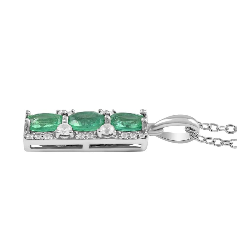 AAA Kagem Emerald and White Zircon Pendant Necklace 18 Inches in Rhodium Over Sterling Silver 1.25 ctw