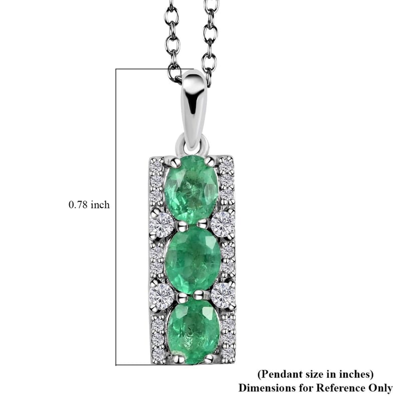 AAA Kagem Emerald and White Zircon Pendant Necklace 18 Inches in Rhodium Over Sterling Silver 1.25 ctw