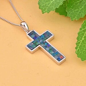 Mosaic Opal 2.50 ctw Pendant Necklace (18 Inches) in Rhodium Over Sterling Silver