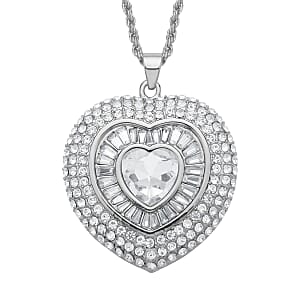 White Austrian Crystal Heart Pendant Necklace in Silvertone 28-30 Inches