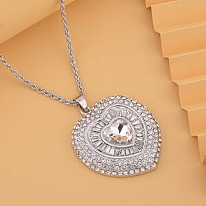 White Austrian Crystal Heart Pendant Necklace in Silvertone 28-30 Inches