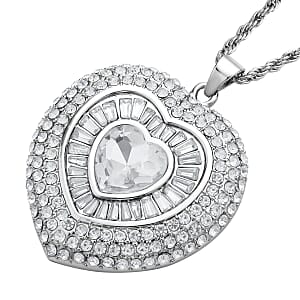 White Austrian Crystal Heart Pendant Necklace in Silvertone 28-30 Inches