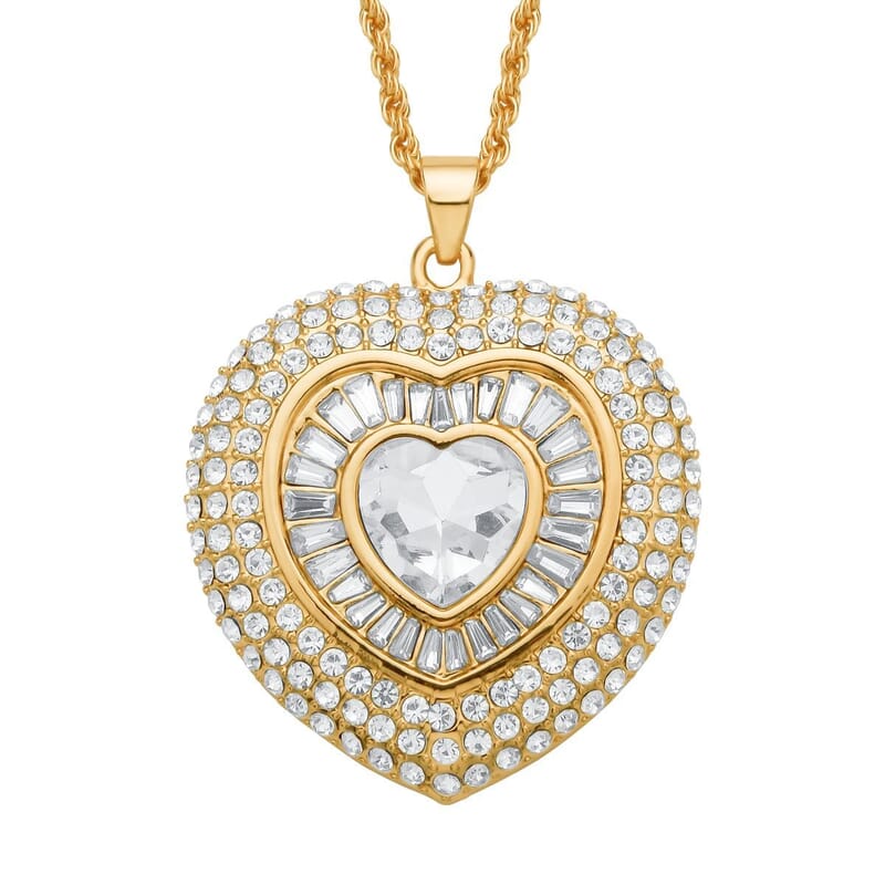 White Austrian Crystal Heart Pendant Necklace in Goldtone 28-30 Inches