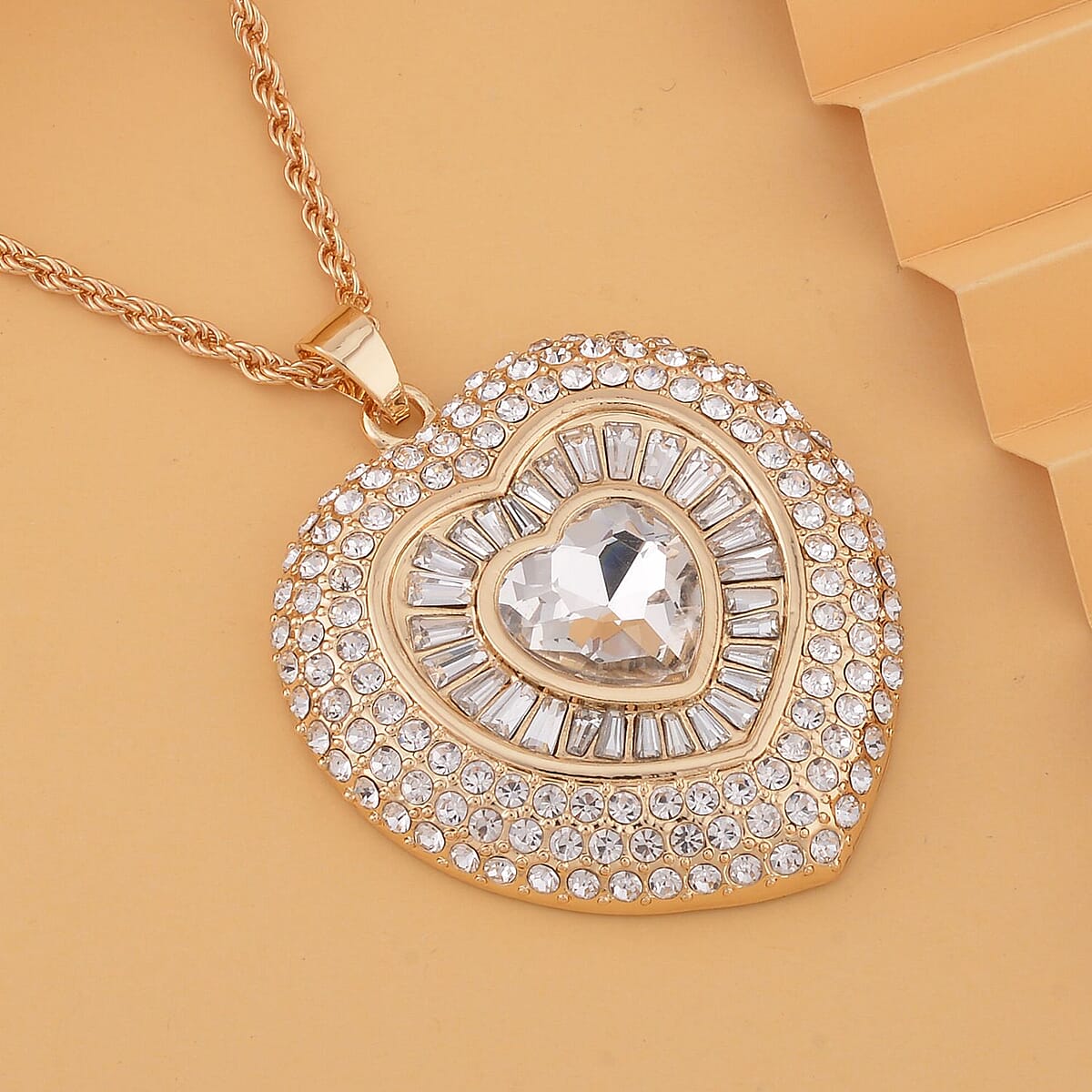 White Austrian Crystal Heart Pendant Necklace in Goldtone 28-30 Inches image number 1