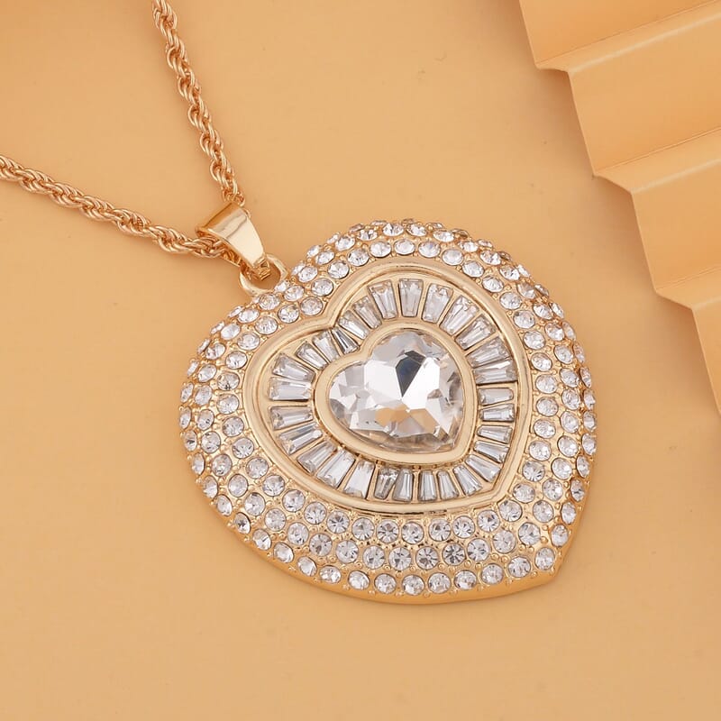 White Austrian Crystal Heart Pendant Necklace in Goldtone 28-30 Inches