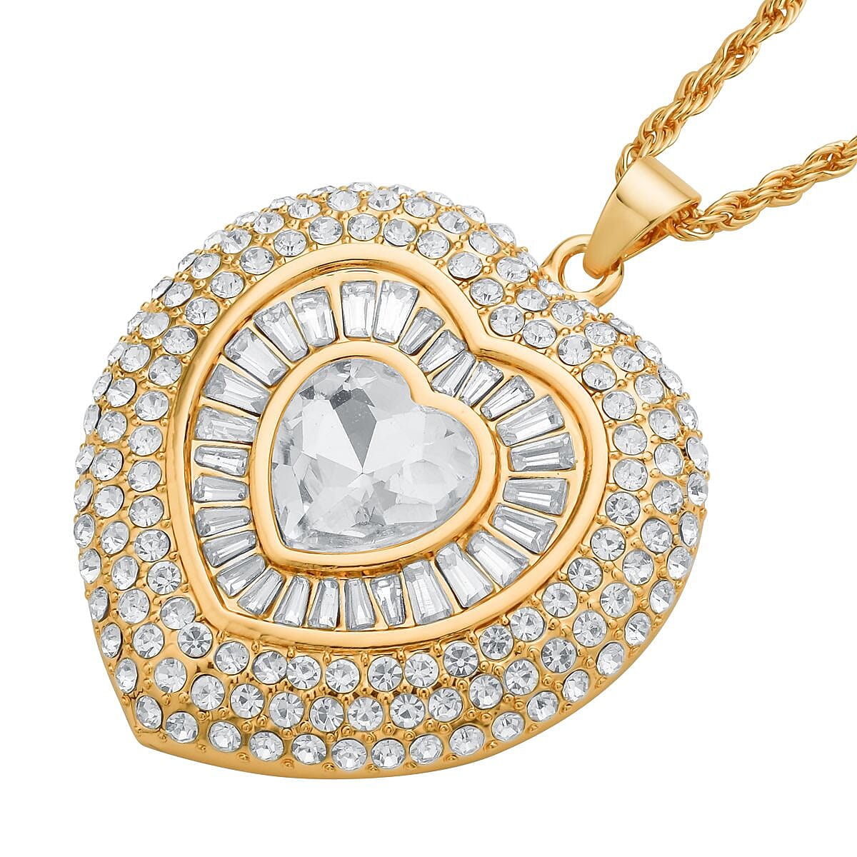 White Austrian Crystal Heart Pendant Necklace in Goldtone 28-30 Inches image number 2