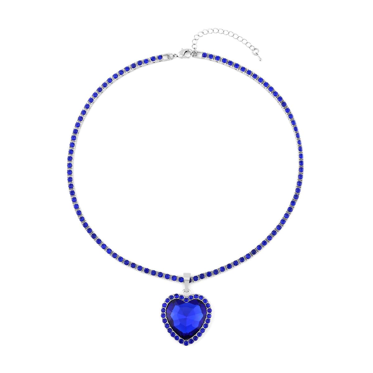 Blue Glass and Blue Austrian Crystal Heart Pendant with Tennis Chain Necklace 20-22 Inches in Silvertone image number 0