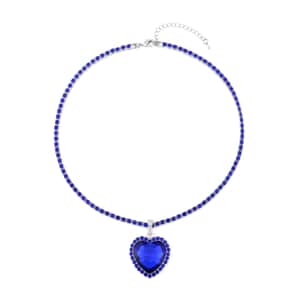 Blue Glass and Blue Austrian Crystal Heart Pendant with Tennis Necklace in Silvertone 20-22 Inches
