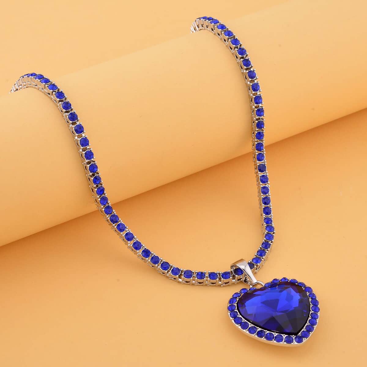 Blue Glass and Blue Austrian Crystal Heart Pendant with Tennis Necklace in Silvertone 20-22 Inches image number 1