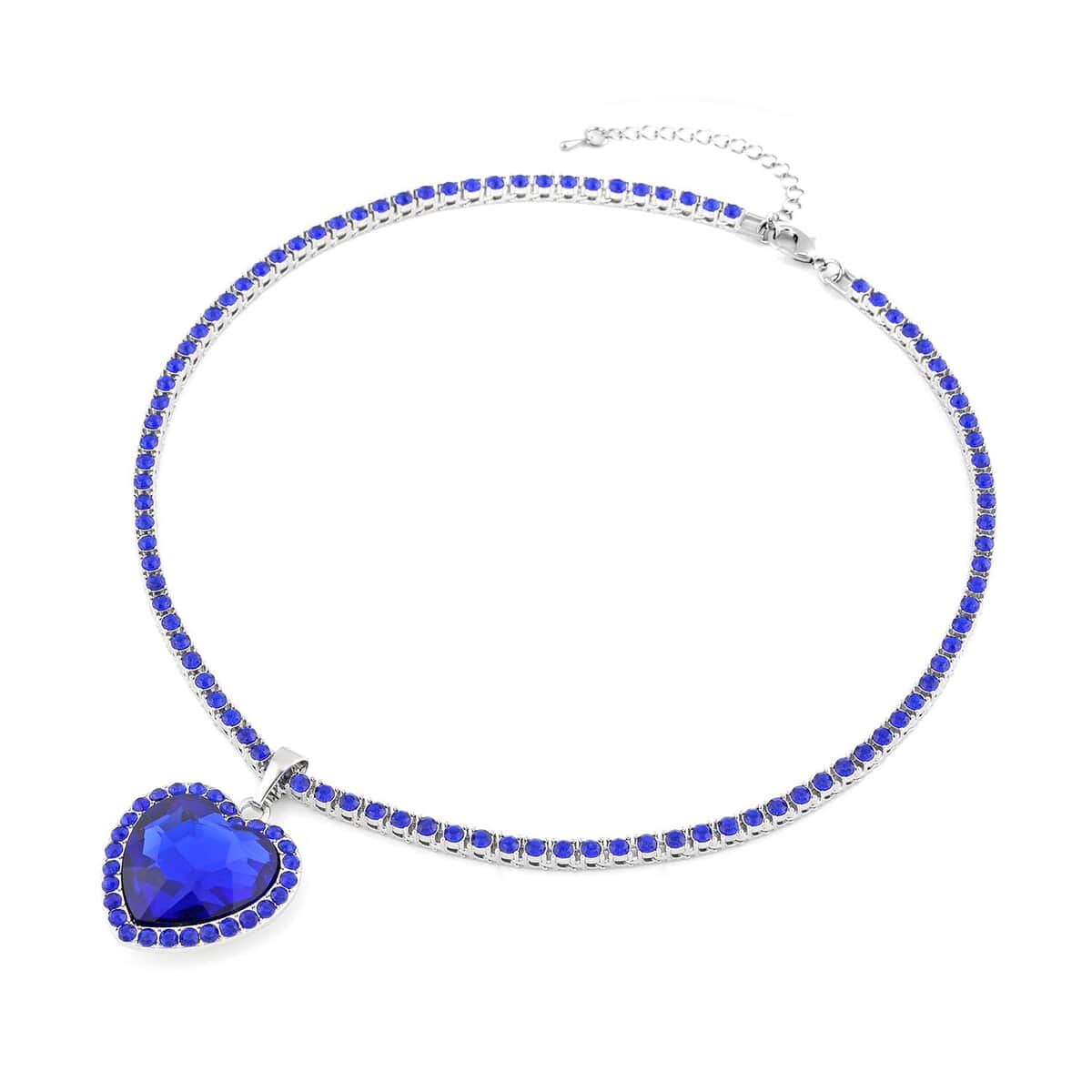 Blue Glass and Blue Austrian Crystal Heart Pendant with Tennis Chain Necklace 20-22 Inches in Silvertone image number 2