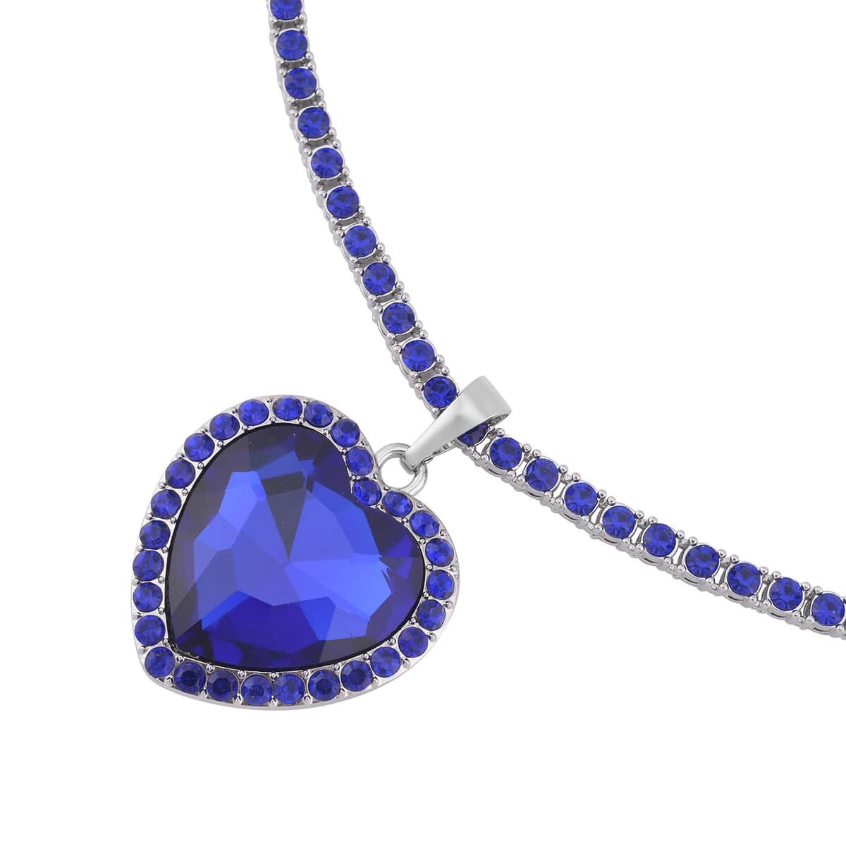 Blue Glass and Blue Austrian Crystal Heart Pendant with Tennis Chain Necklace 20-22 Inches in Silvertone image number 3