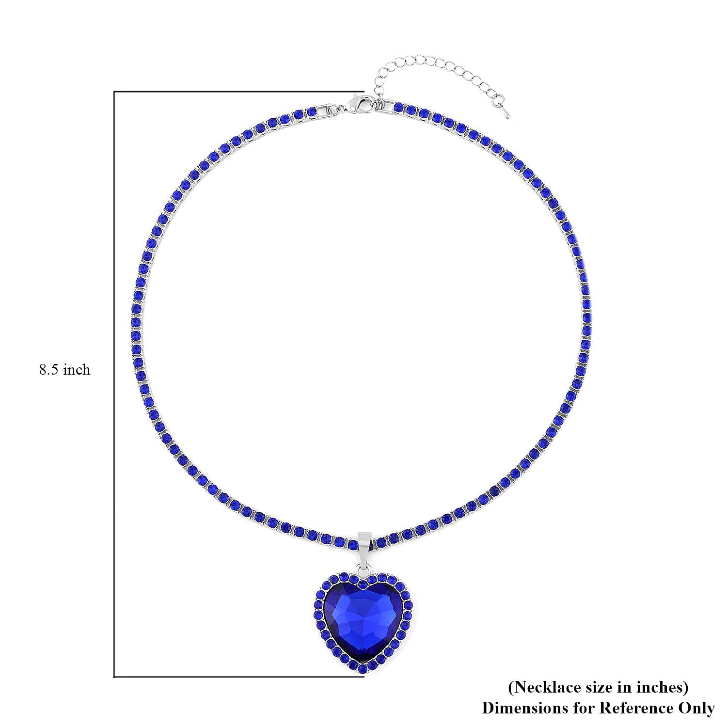 Blue Glass and Blue Austrian Crystal Heart Pendant with Tennis Necklace in Silvertone 20-22 Inches