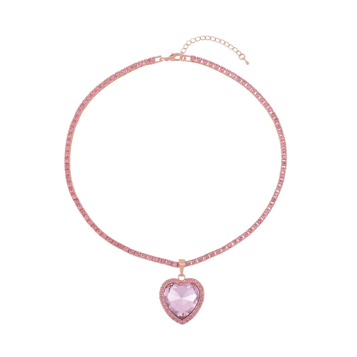 Pink Glass and Pink Austrian Crystal Heart Pendant with Tennis Necklace 20-22 Inches in Rosetone image number 0