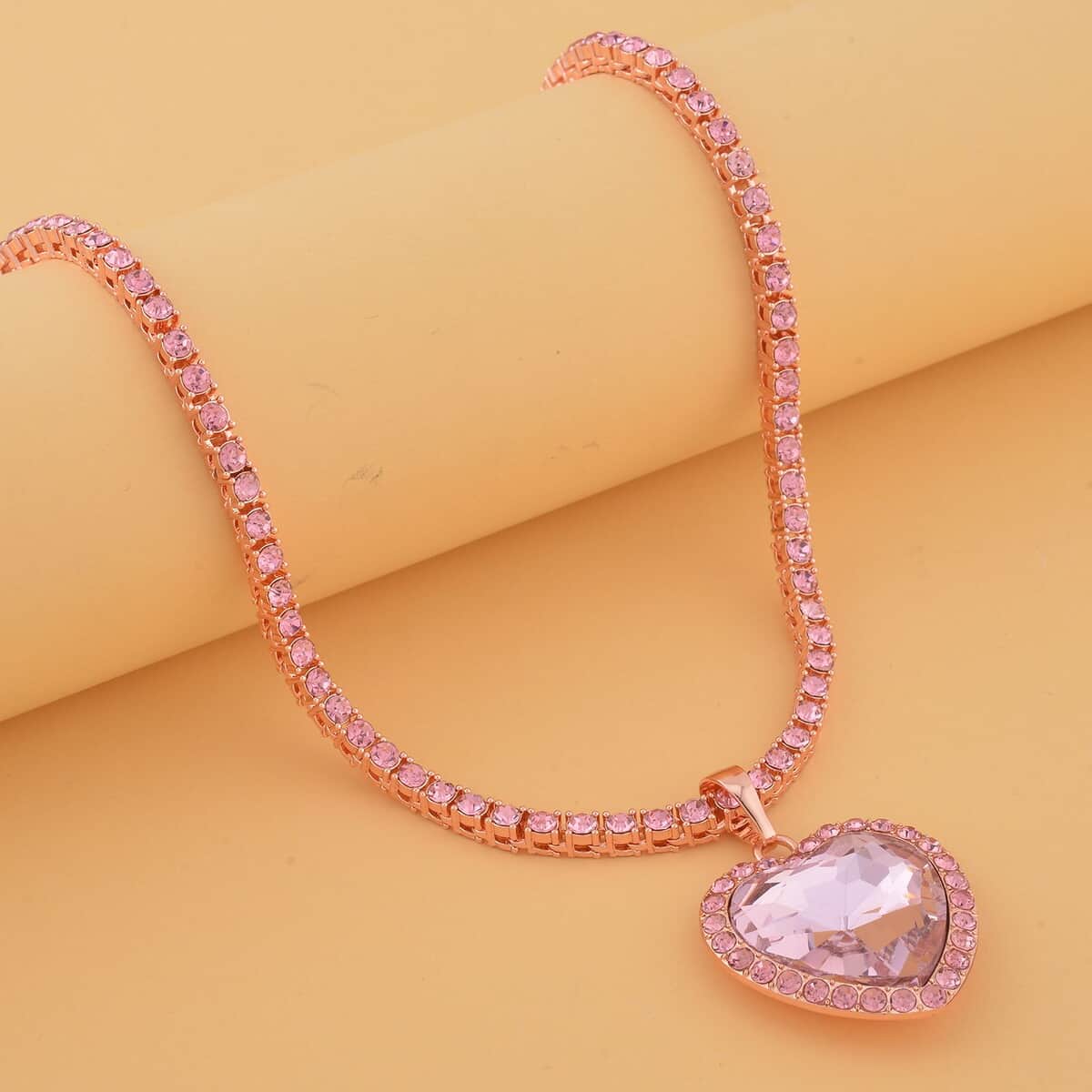 Pink Glass and Pink Austrian Crystal Heart Pendant with Tennis Necklace 20-22 Inches in Rosetone image number 1