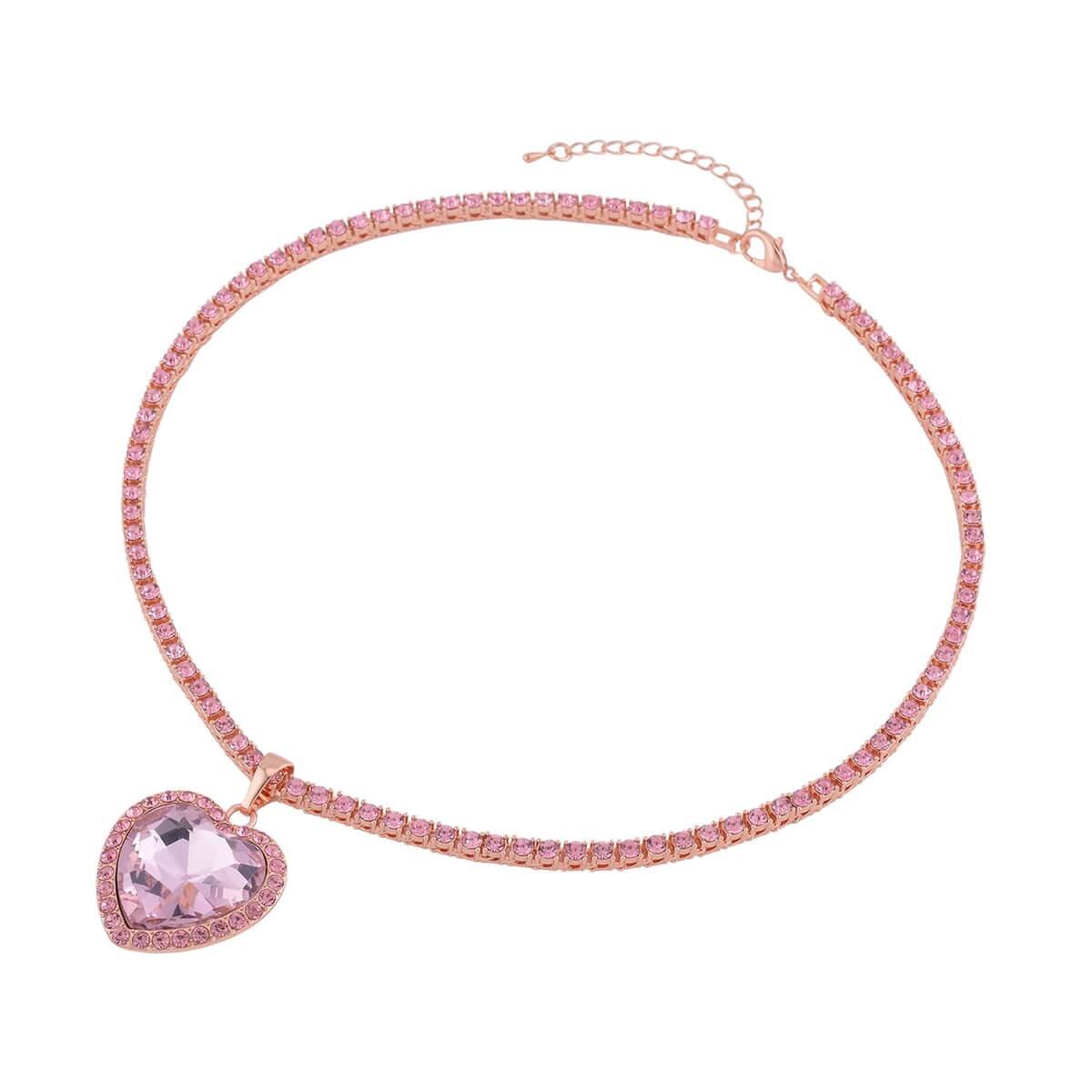 Pink Glass and Pink Austrian Crystal Heart Pendant with Tennis Necklace 20-22 Inches in Rosetone image number 2