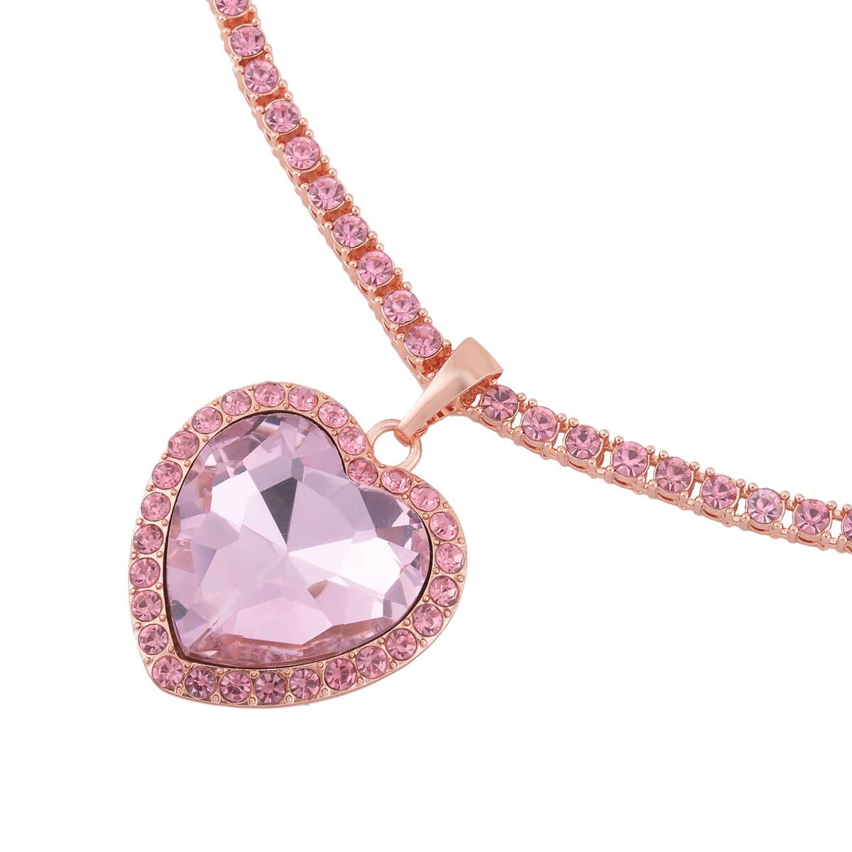 Pink Glass and Pink Austrian Crystal Heart Pendant with Tennis Necklace 20-22 Inches in Rosetone image number 3