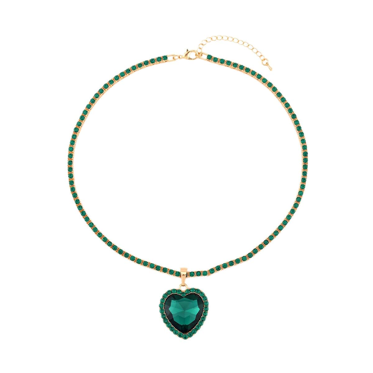 Green Glass and Green Austrian Crystal Heart Pendant with Tennis Necklace 20-22 Inches in Goldtone image number 0
