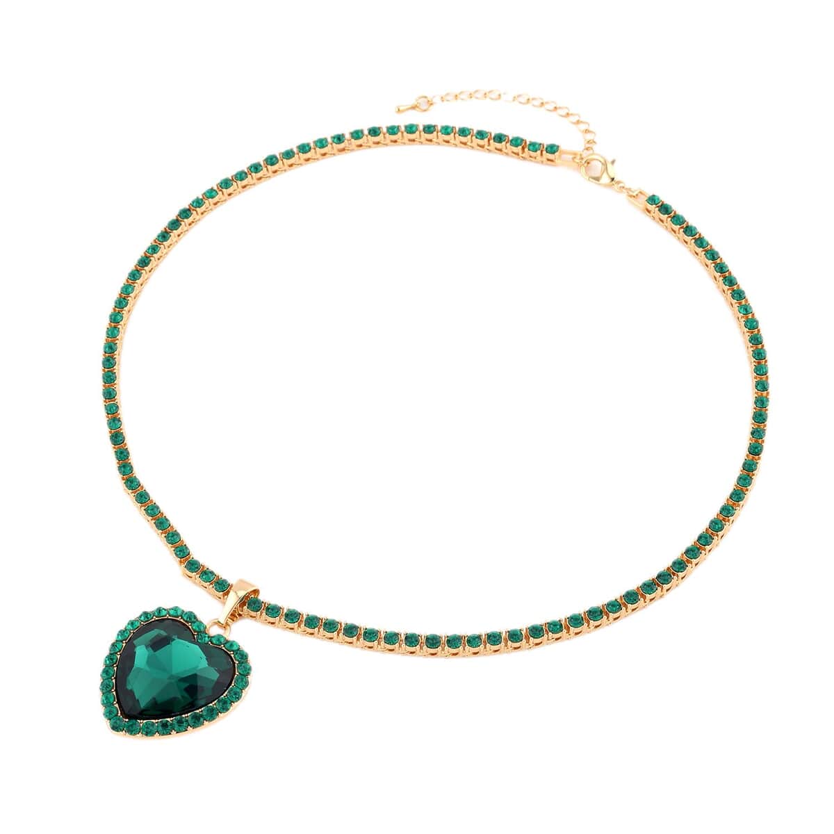 Green Glass and Green Austrian Crystal Heart Pendant with Tennis Necklace 20-22 Inches in Goldtone image number 2