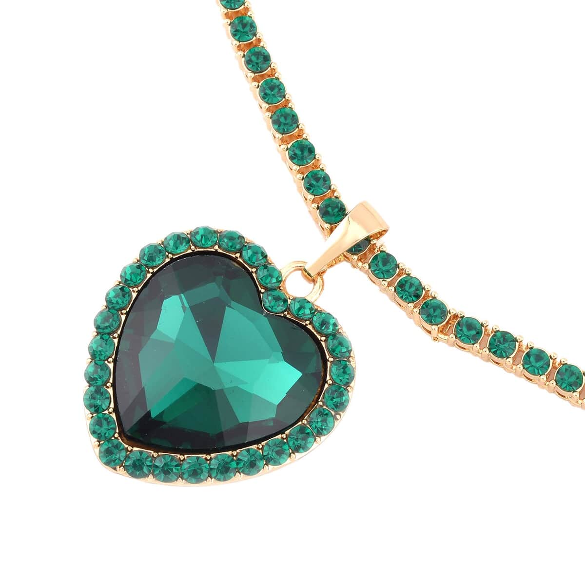 Green Glass and Green Austrian Crystal Heart Pendant with Tennis Necklace 20-22 Inches in Goldtone image number 3