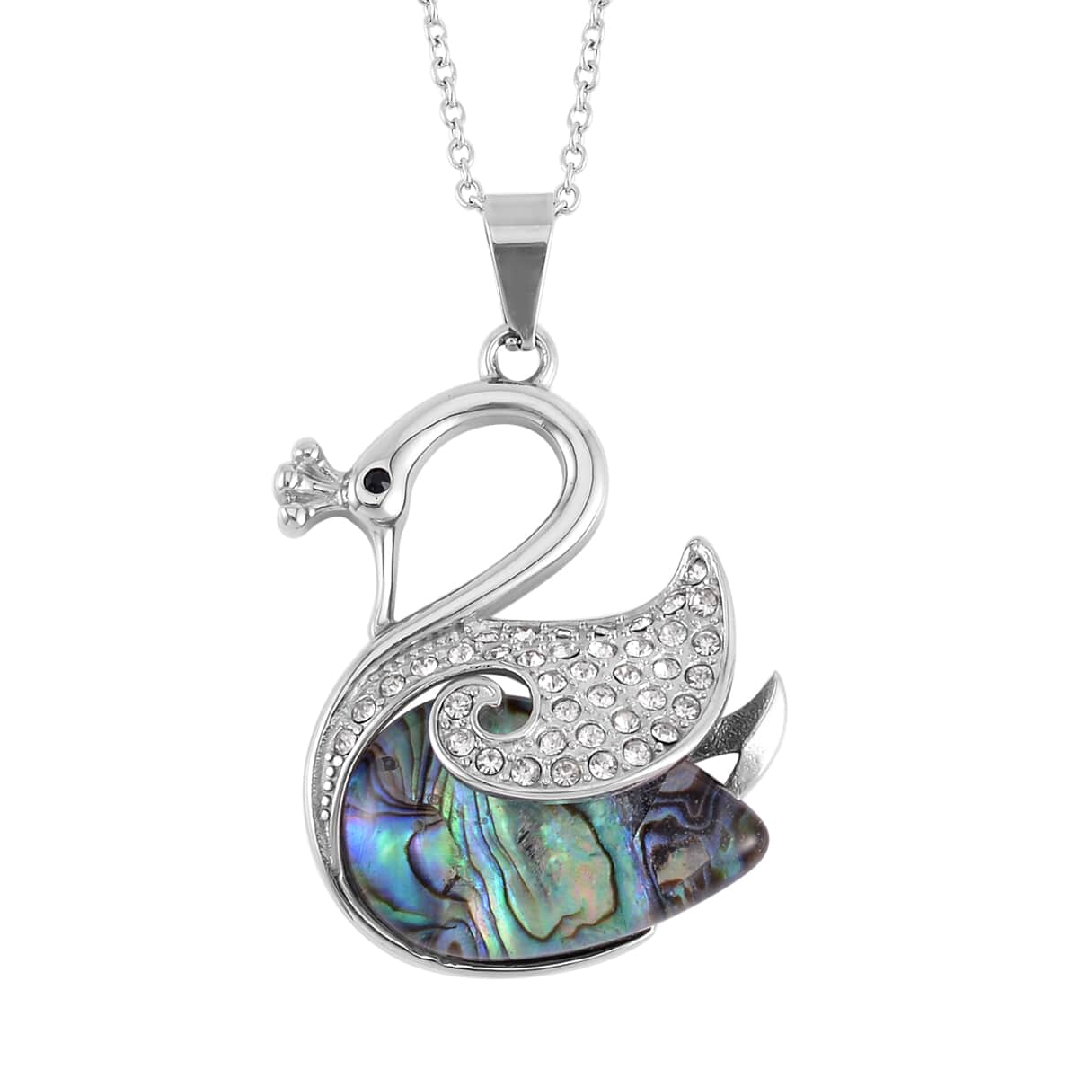 Abalone Shell, White and Black Austrian Crystal Peacock Pendant Necklace 20 Inches in Stainless Steel image number 0