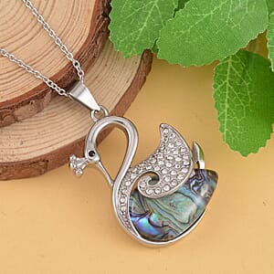 Abalone Shell, White and Black Austrian Crystal Peacock Pendant Necklace 20 Inches in Stainless Steel