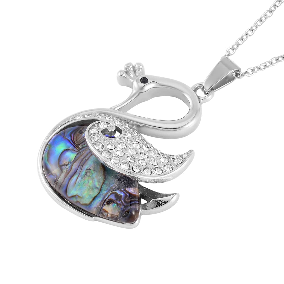 Abalone Shell, White and Black Austrian Crystal Peacock Pendant Necklace 20 Inches in Stainless Steel image number 3