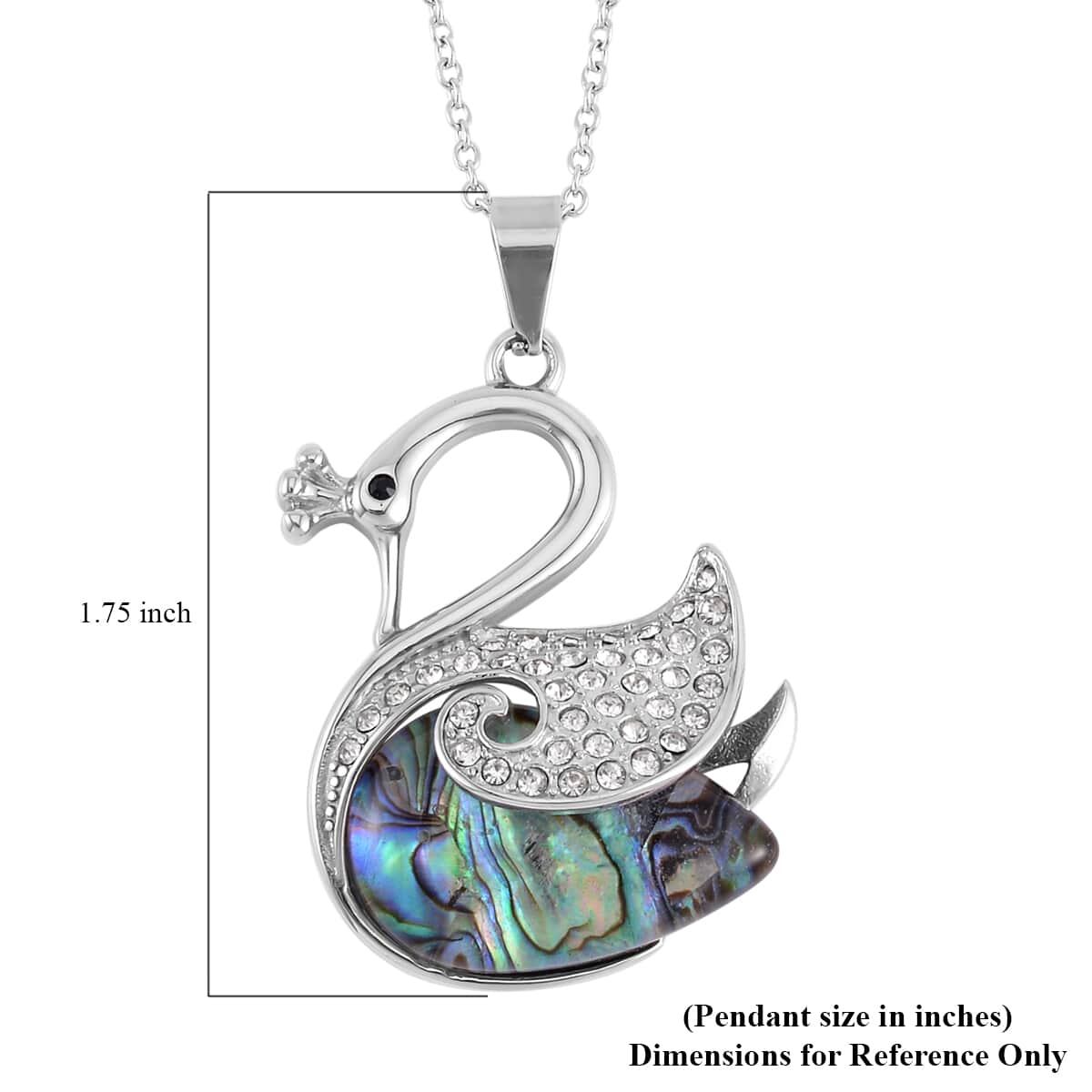 Abalone Shell, White and Black Austrian Crystal Peacock Pendant Necklace 20 Inches in Stainless Steel image number 5