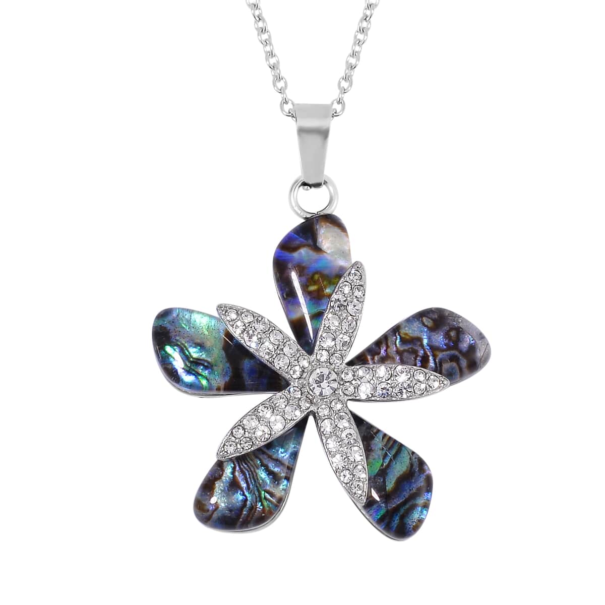 Abalone Shell and White Austrian Crystal Plumeria Flower Pendant Necklace 20 Inches in Stainless Steel image number 0