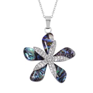 Abalone Shell and White Austrian Crystal Plumeria Flower Pendant Necklace 20 Inches in Stainless Steel