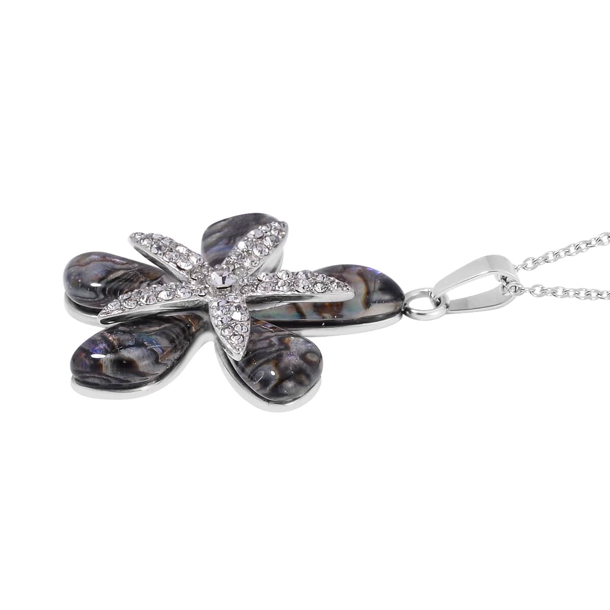 Abalone Shell and White Austrian Crystal Plumeria Flower Pendant Necklace 20 Inches in Stainless Steel image number 3
