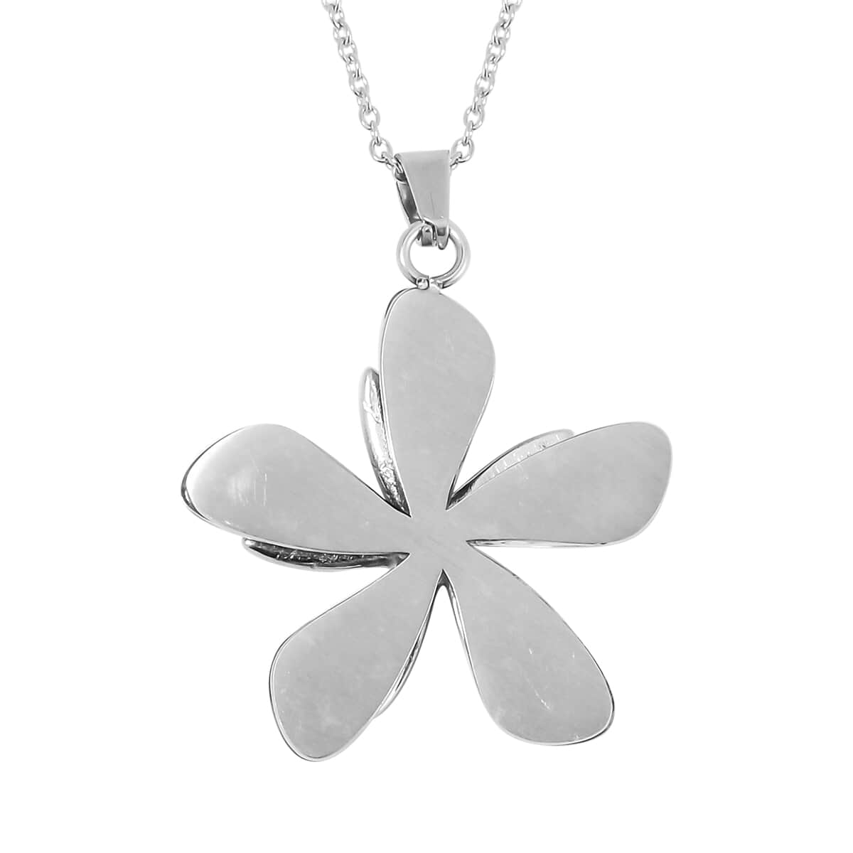 Abalone Shell and White Austrian Crystal Plumeria Flower Pendant Necklace 20 Inches in Stainless Steel image number 4
