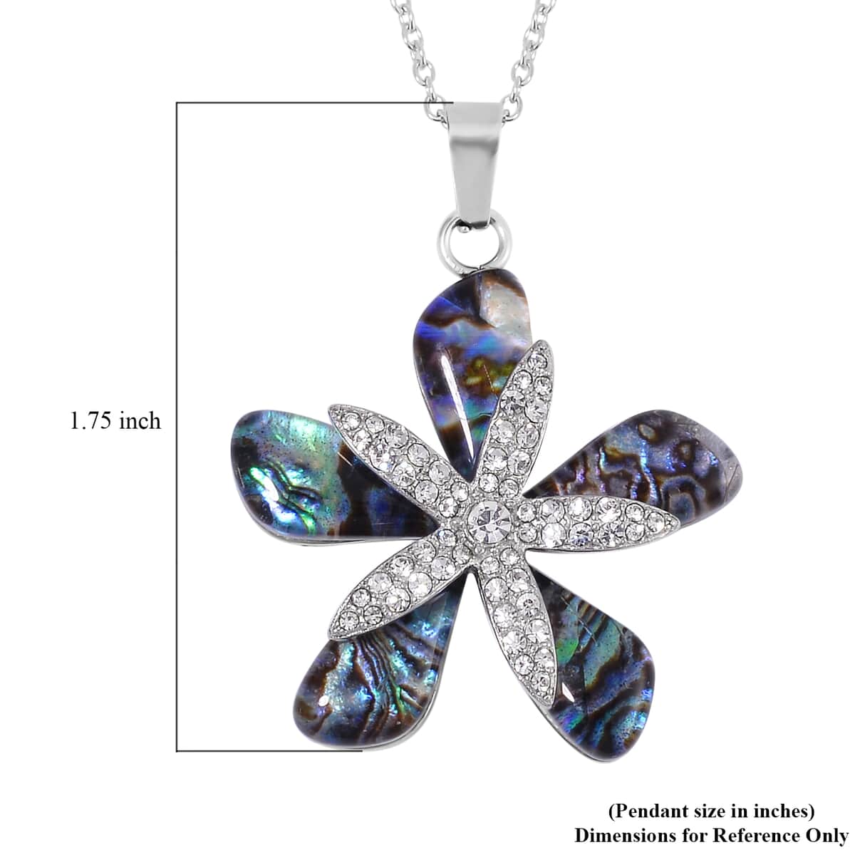 Abalone Shell and White Austrian Crystal Plumeria Flower Pendant Necklace 20 Inches in Stainless Steel image number 6