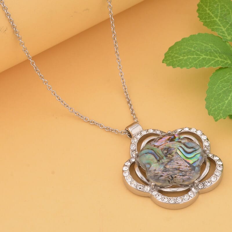 Abalone Shell and White Austrian Crystal Flower Pendant Necklace 20 Inches in Stainless Steel