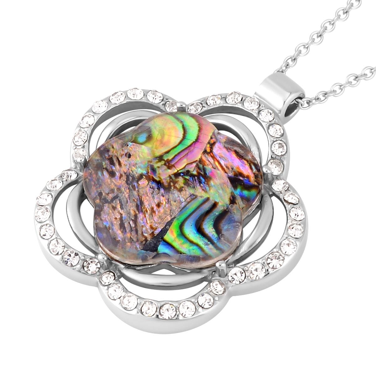 Abalone Shell and White Austrian Crystal Flower Pendant Necklace 20 Inches in Strainless Steel image number 3