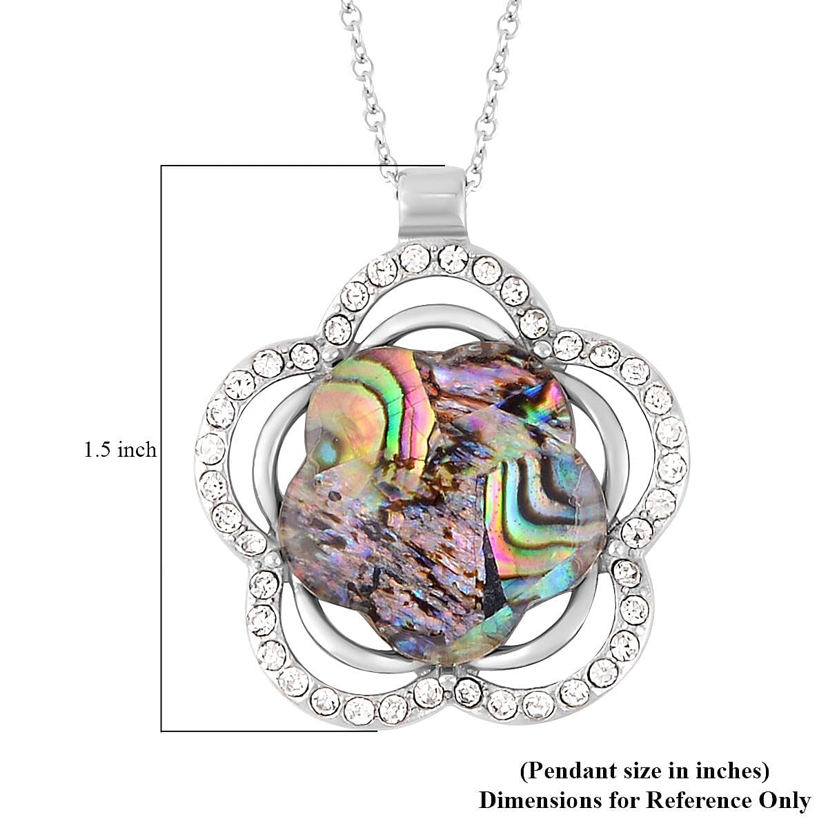 Abalone Shell and White Austrian Crystal Flower Pendant Necklace 20 Inches in Stainless Steel